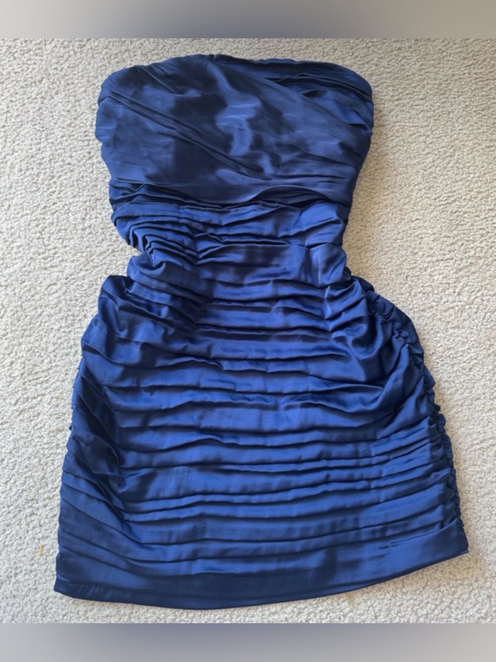 Express Strapless Ruched Satin Dress in Navy zip up formal party y2k tube